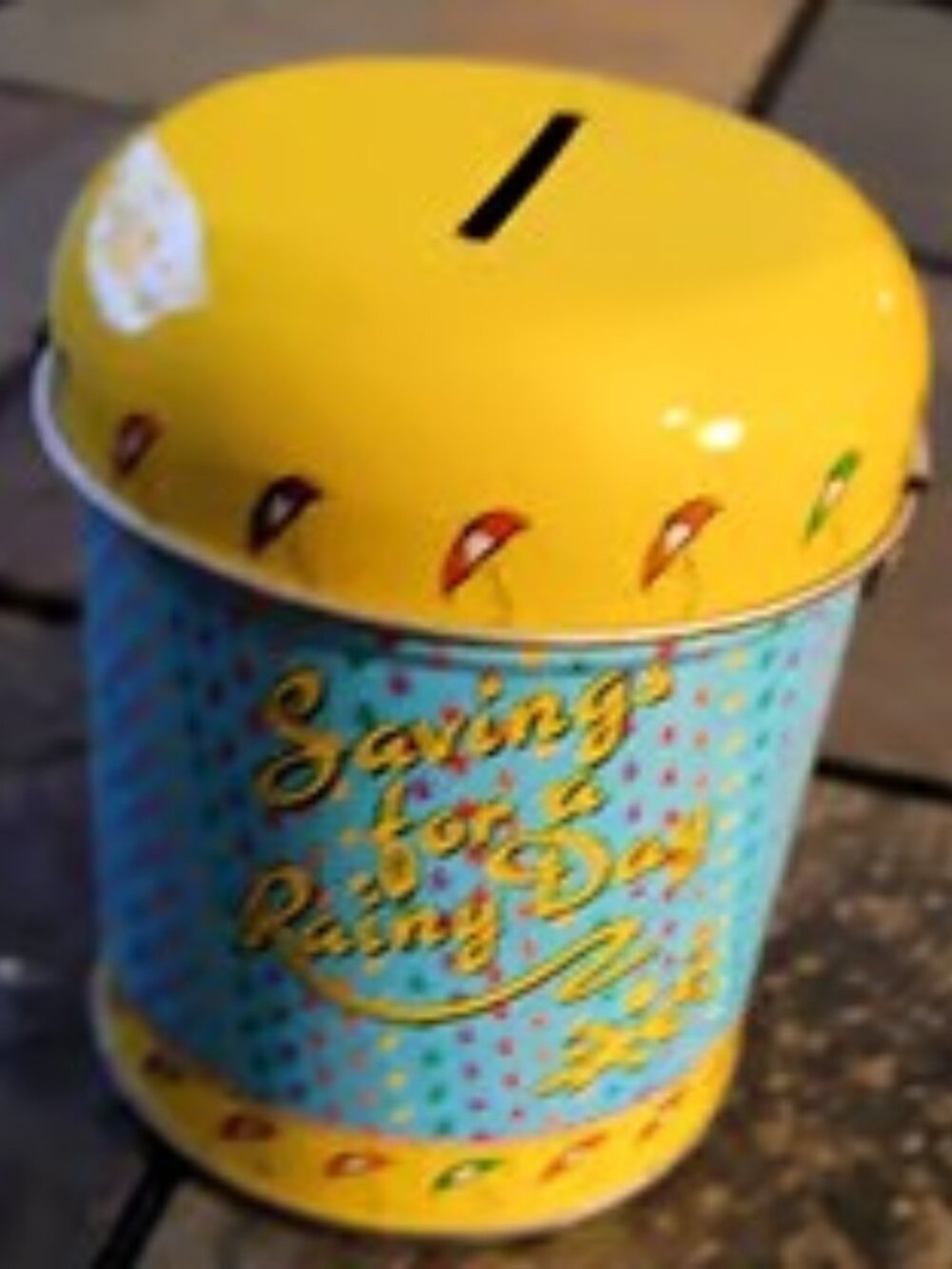 : Vintage Hinged Tin Coin Bank "Saving for a Rainy Day" Novelty